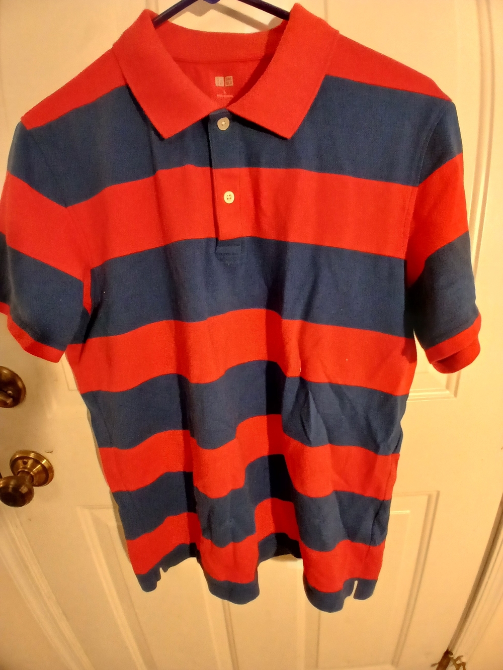 VTG Uniqlo Men's Blue and Red Wide-Stripe Polo Worn Once L